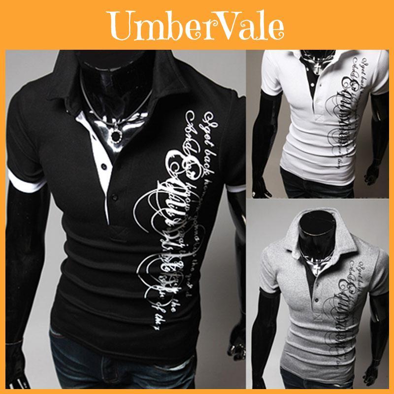 Elegant Men's Fashion Lapel Short Sleeve Blouse Casual Letters Print T-shirt