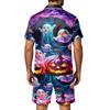 Men's Halloween Print Satin Pajama Set - Short Sleeve Tee and Shorts with Pockets, Loose Fit Sleepwear for Home