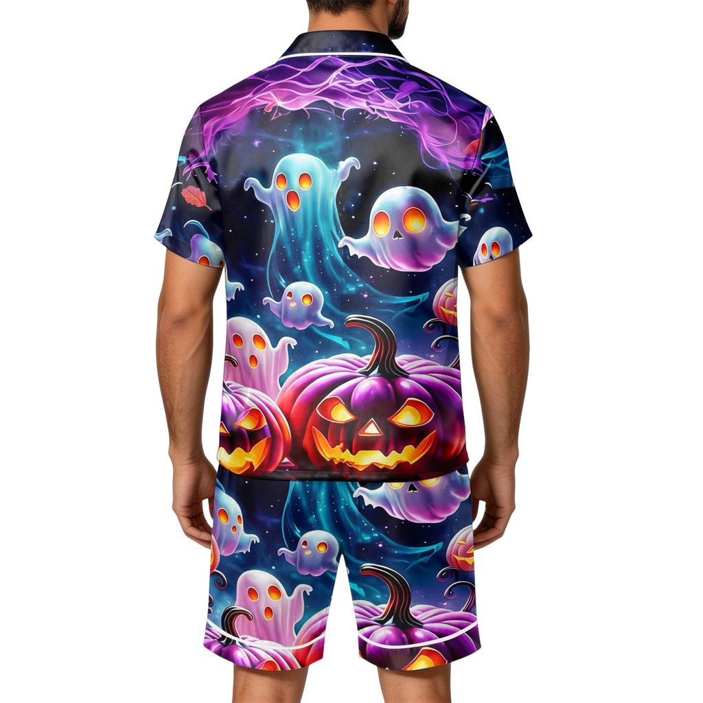 Men's Halloween Print Satin Pajama Set - Short Sleeve Tee and Shorts with Pockets, Loose Fit Sleepwear for Home