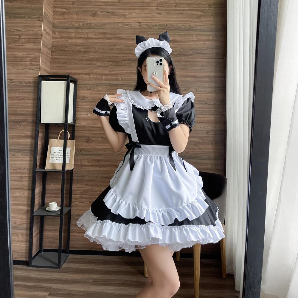 Maid Dress Uniform Sexy Lingerie for Women Cosplay Costume Cat Hollow Suit Role Play Lace Lolita Outfit