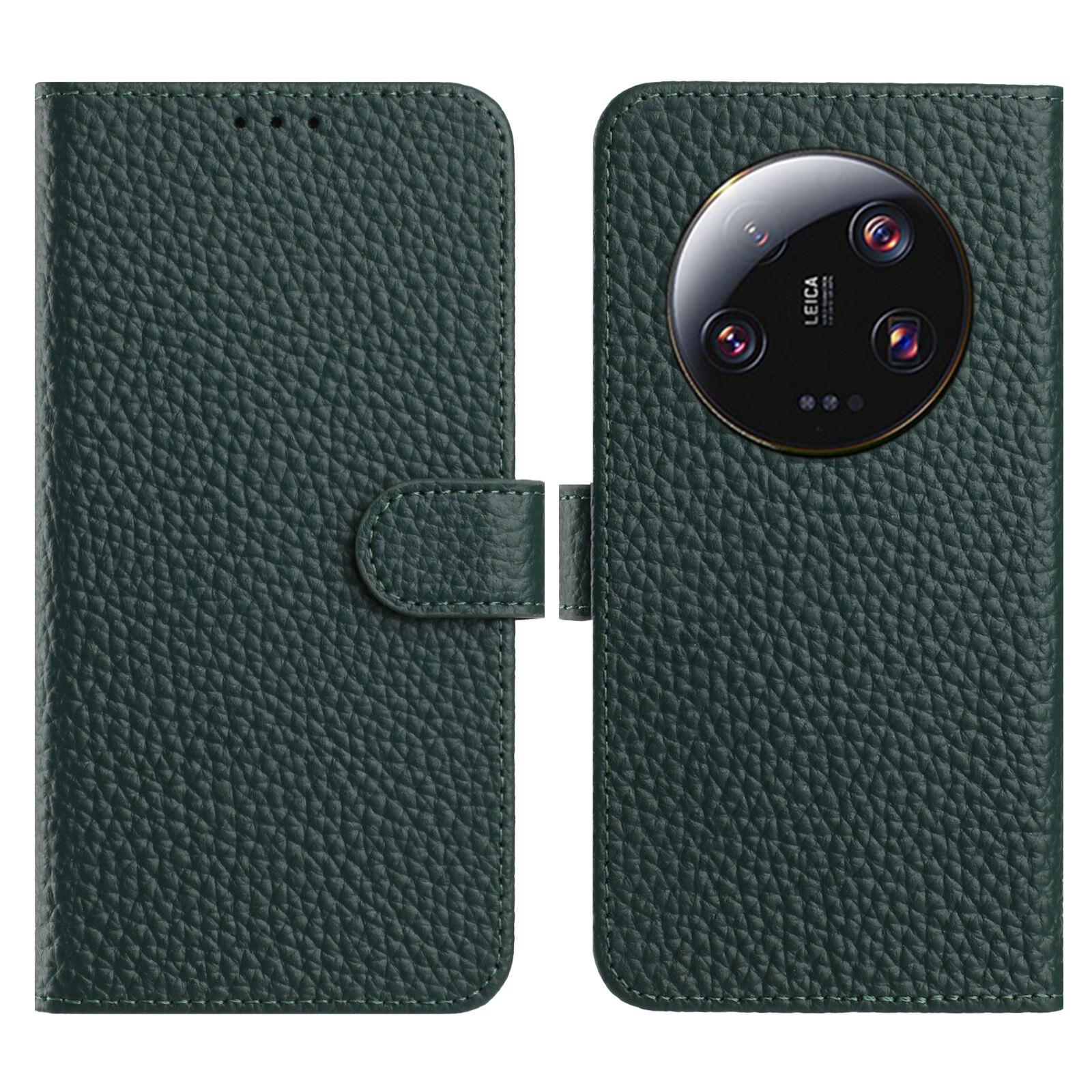 

For Xiaomi 14 Ultra Case Wallet Stand Litchi Texture Genuine Cow Leather Flip Phone Cover Green