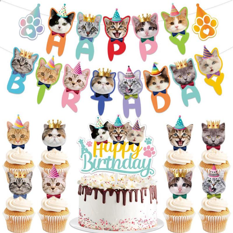 Adorable Cat Theme Birthday Party Decoration Set With Colorful Banners And Cake Toppers