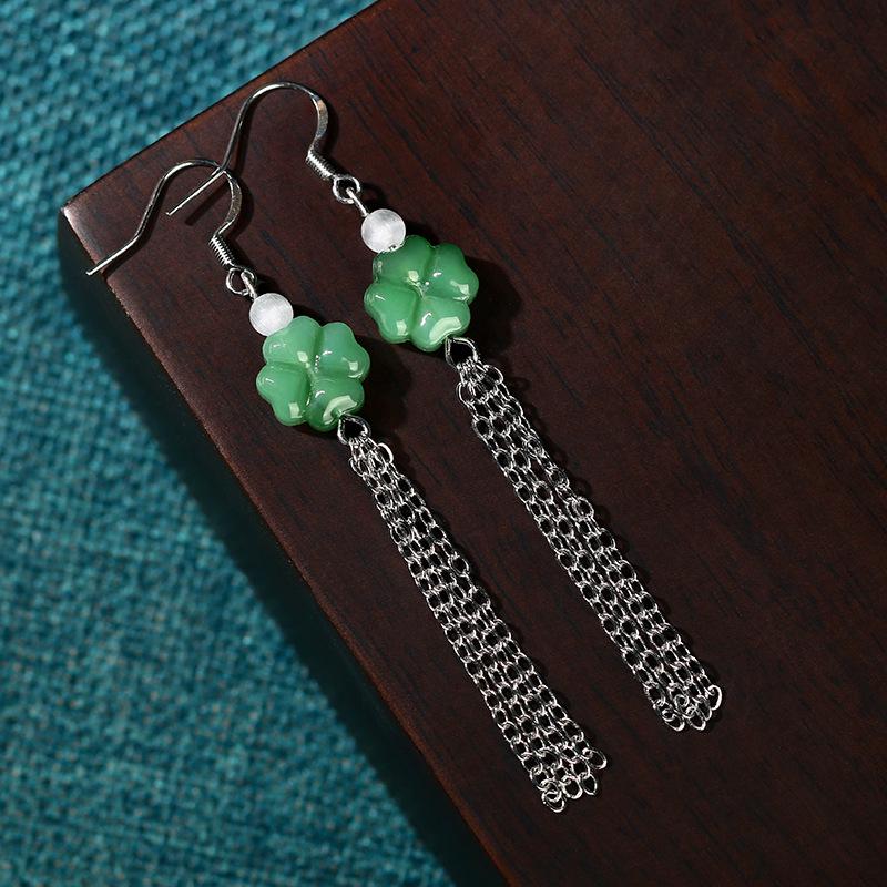 Airyuan Chinese-Inspired Jade Clover Tassel Earrings