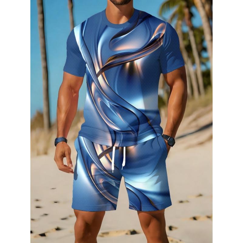 Casual Athletic Set Breathable Outdoor Leisure Men'S Round Neck T-Shirt And Shorts Set Summer Digital Print Print Outfit Men Adult