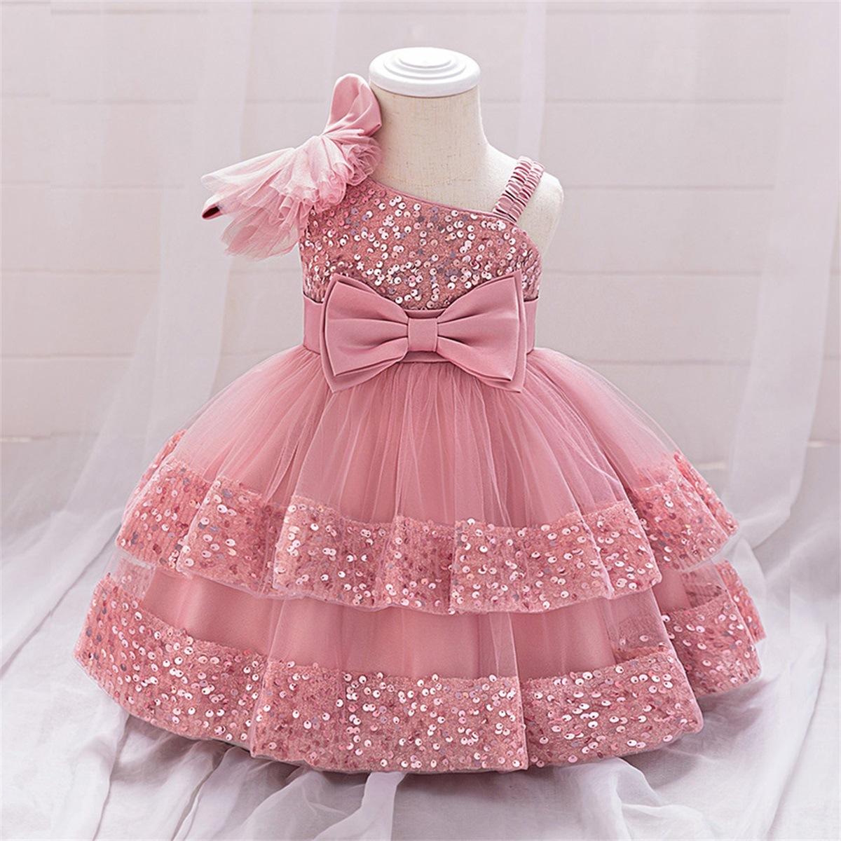 

Flower Girl Princess Dress For Weddings Summer Kid Formal Bow Long Gown For School Evening Party Children New Year Cloth AL195 90 рожевий