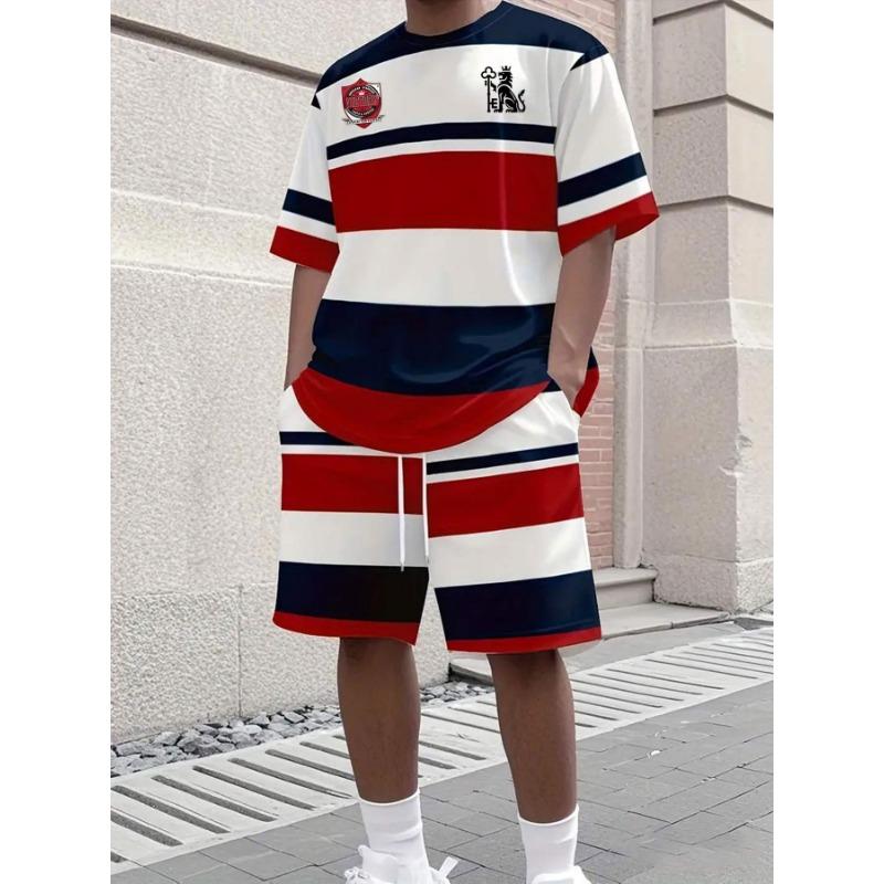 

Summer Outdoor Street Fashion Men s 3D Striped Printed T-shirt Daily Casual Men s Sports Shorts T-shirt Drawstring Shorts Men s Suit XL