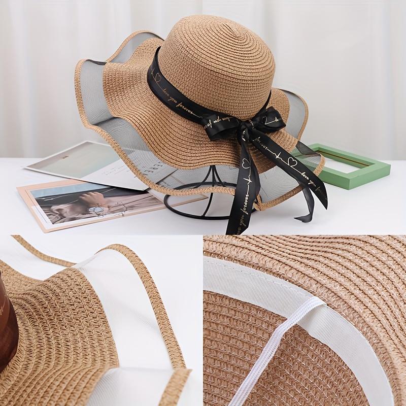 high quality1pc outdoor beach hat, large eaves bow ribbon beach hat for ladies, round-topped straw hat, bow sun hat