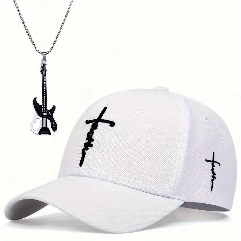

Комплект из 2 мужских бейсболок, ожерелье, модная вышивка, индивидуальный крест, меч, сотня с хип-хоп мужской масляной гитарой, ожерелье, кулон, шляпа от солнца белый