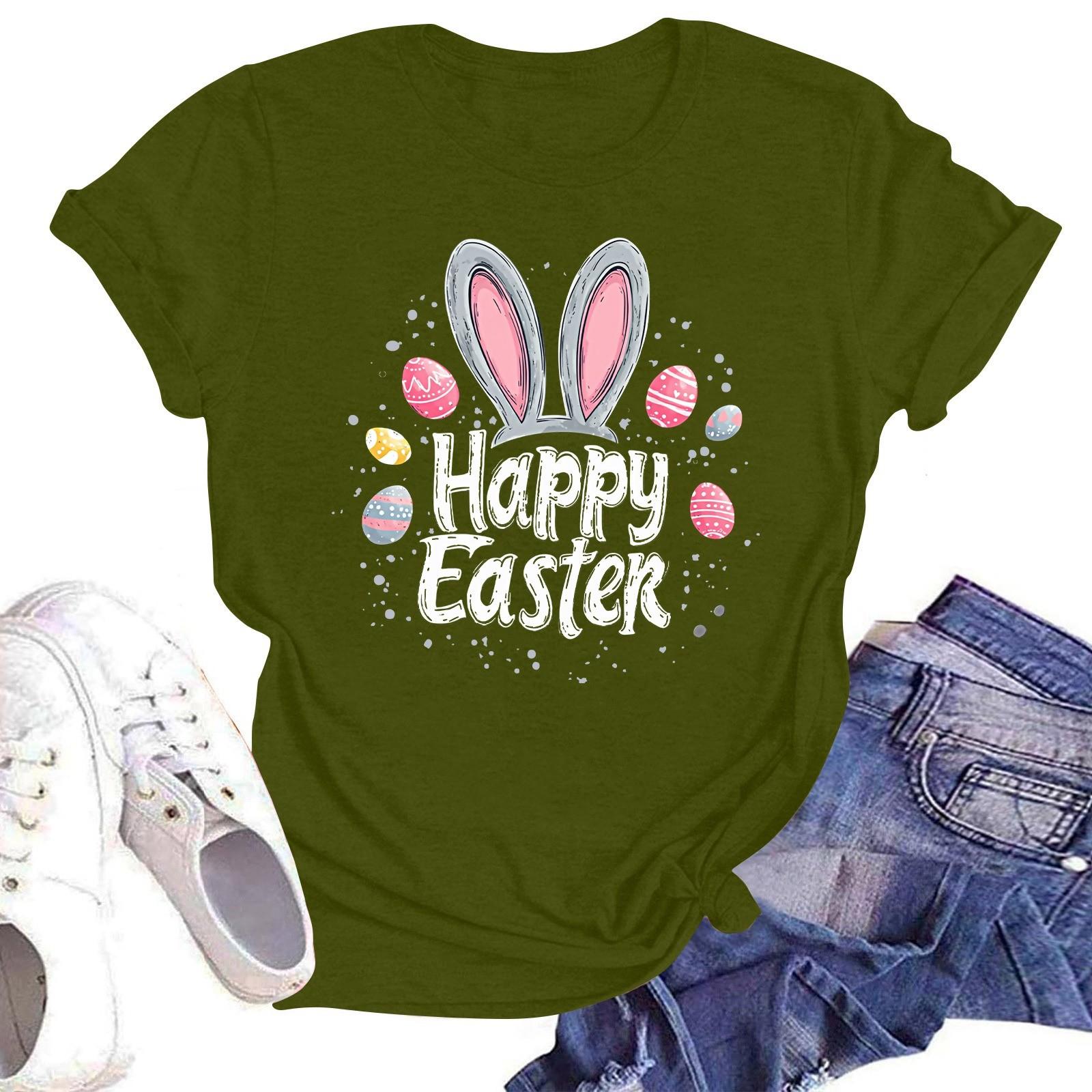 

Счастливой Пасхи женская мода принтованный круглый вырез короткий рукав футболка пуловер топ L армия зеленый