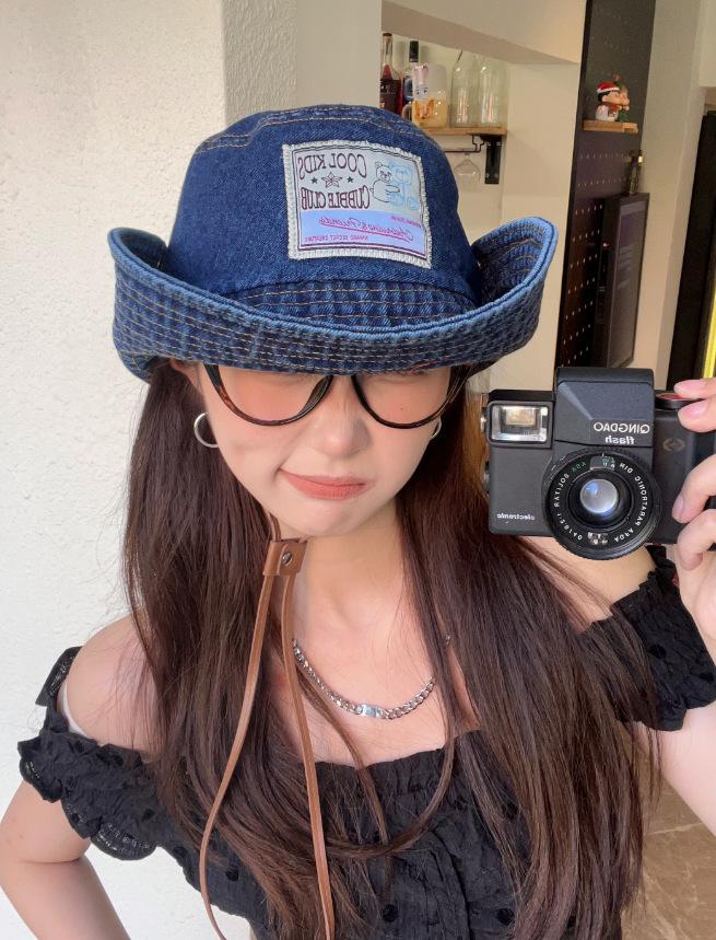 Korean Version Sticker Bear Denim Bucket Hat Women's Spring and Summer Retro Big Brim Mountaineering Hat Showing Face Small Sunshade Sunscreen Hat