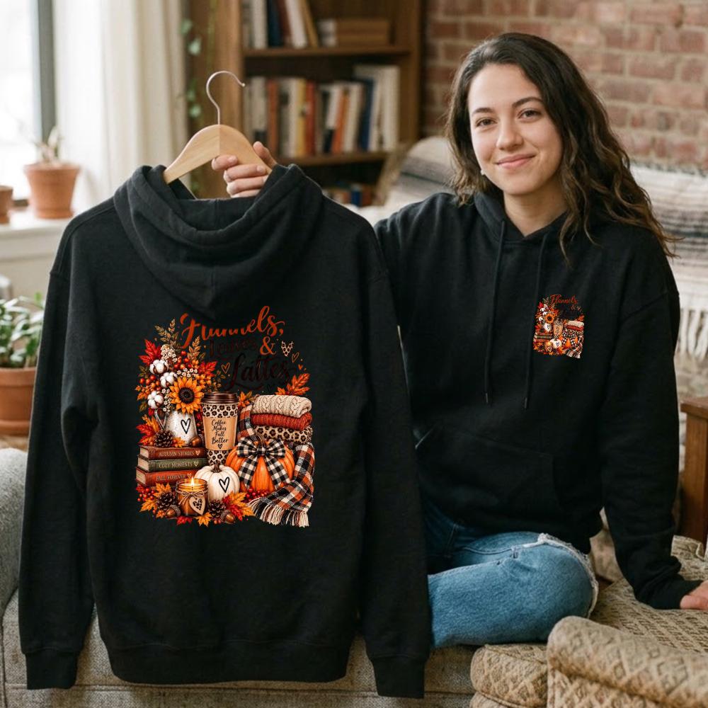 Flannels Leaves Lattes Hoodie Autumn Coffee Graphic Sweatshirt Fall Pumpkin Sunflower Candle Book Unisex Pullover Top