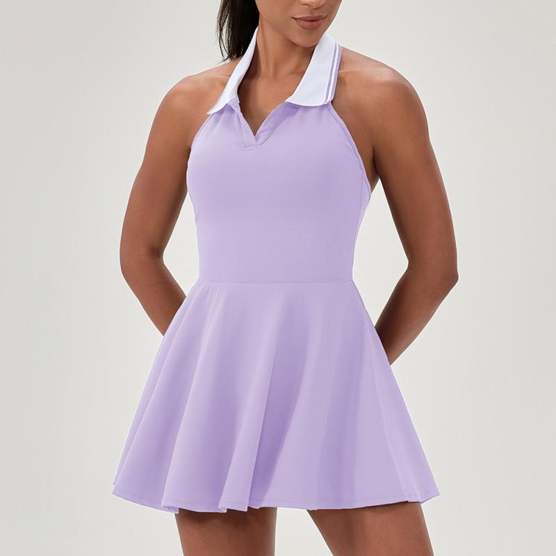 Womens Sporty Halter Neck Tennis Dress With Contrast Collar Golf Fitness Jumpsuit Active Wear