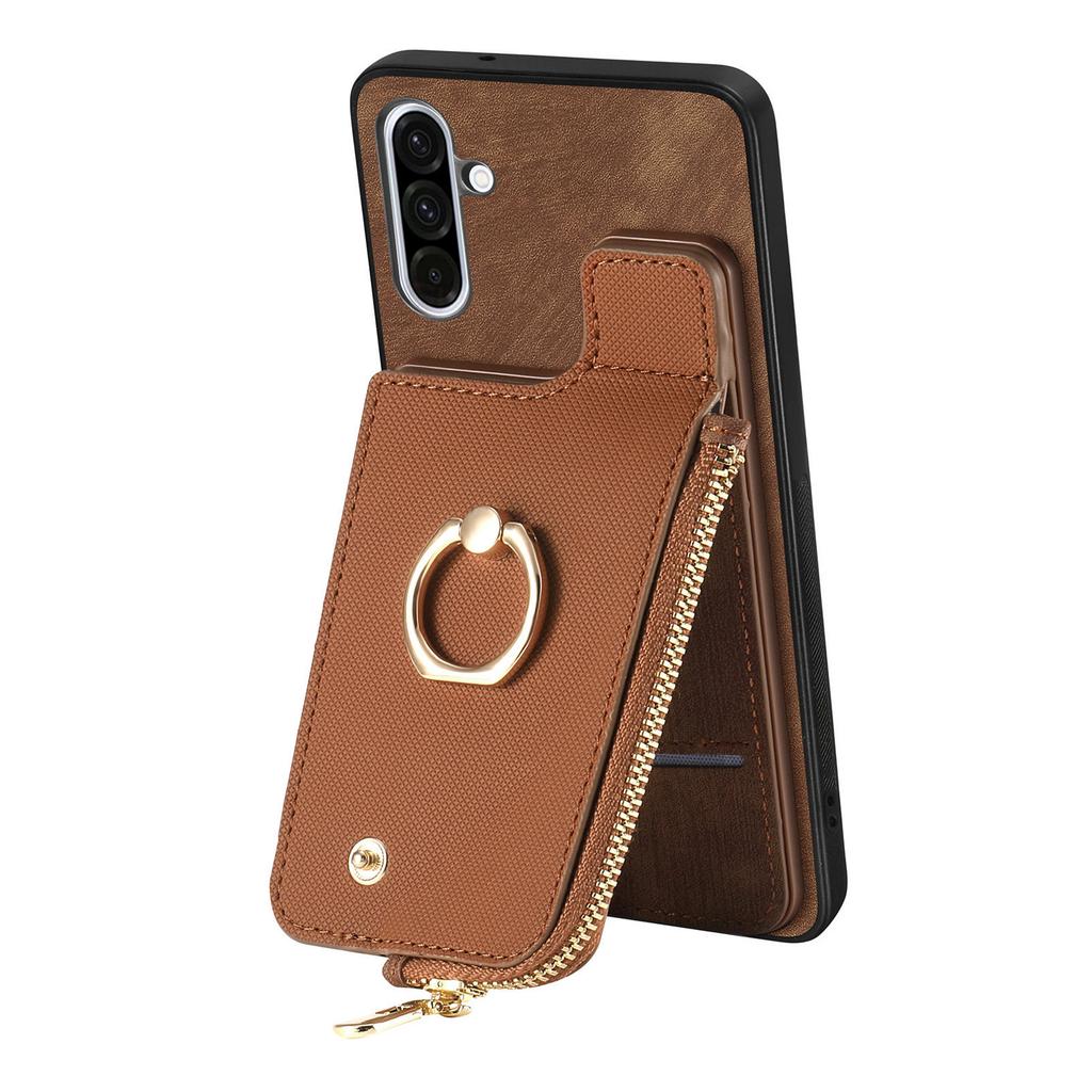 For Samsung Galaxy A36 5G Bakdeksel i lær med glidelåslommebok og ringstøtte