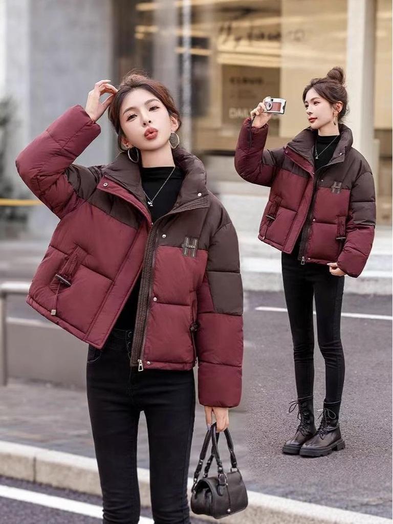 Women's 2025 Winter Fashion Slim Color Block Cotton Coat - Small Size, Thick, and Warm
