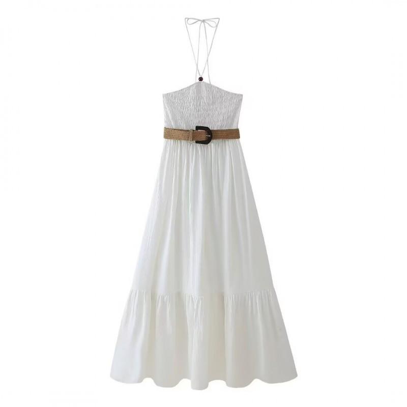 

European American Women s Clothing Summer Sexy Backless Belt Hanging Neck Collar Dress XS белый