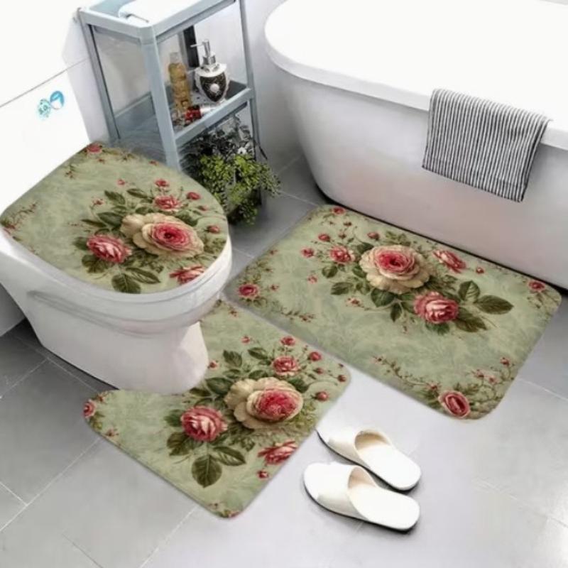 Set di Tappetini da Bagno Antiscivolo in Flanella Floreale Rosa Elegante 2D Piatto Ultra Assorbente Tappetino Decorativo per Pavimento da Cucina