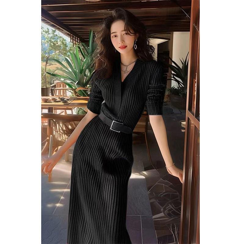 2025 Red Knitted Waist-Cinching Long Dress - Early Autumn French Style M 95-105 jin