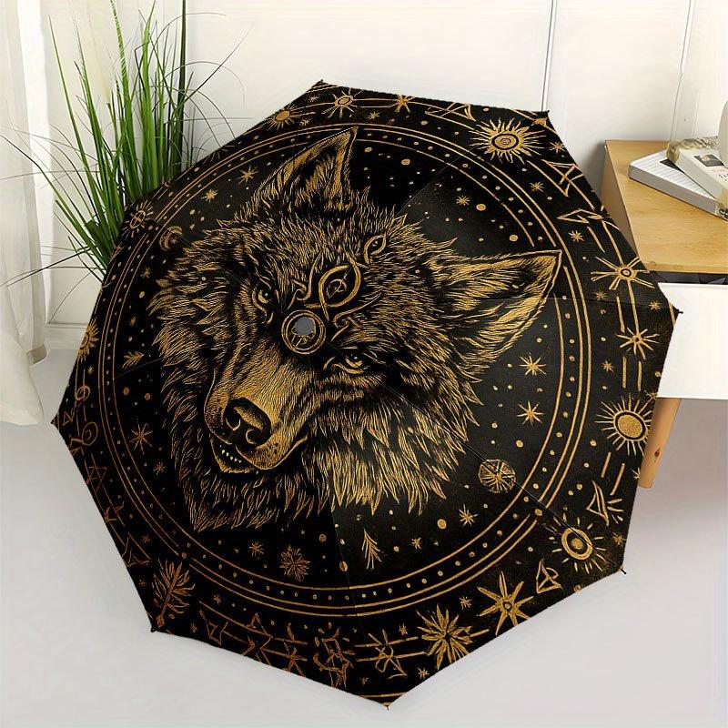 

Golden Wolf Mandala Wall Art: Mystical Decor for Your Space Umbrella, Cute Umbrella with Cute Design, Portable 3-Fold Compact Umbrella for Men & Women