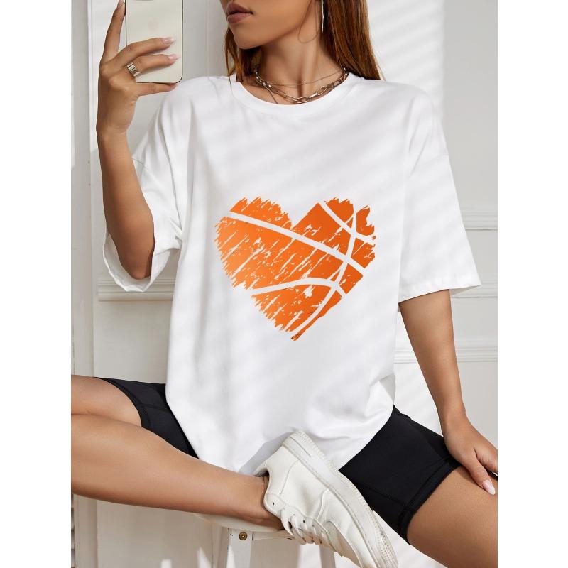 White Oversized T-Shirt With Orange Heart Basketball Print For Casual Wear