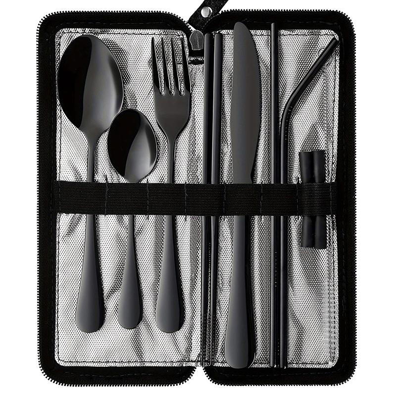 10Pcs Portable Utensils Travel Camping Cutlery Set Stainless Steel Tableware Set Knife Fork Spoon Chopsticks Straw Brush Gift