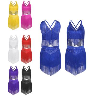 Women Salsa Latin Dance Competition Costume S-XXL: V-Neck Sleeveless Crisscross Back Fringe Crop Top with Tiered Tassels Skirt for Performance