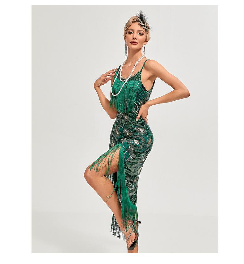 Sukienka cekinowa lata 20. Retro sukienka z frędzlami taneczna o średniej długości sukienka wieczorowa