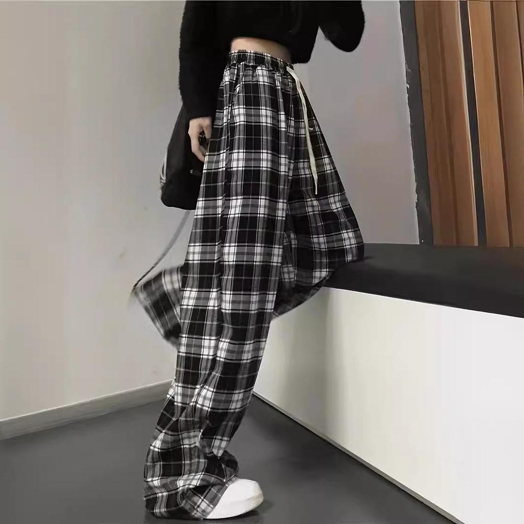 2026 Summer High-Waisted Plaid Loose Pants - Black and White