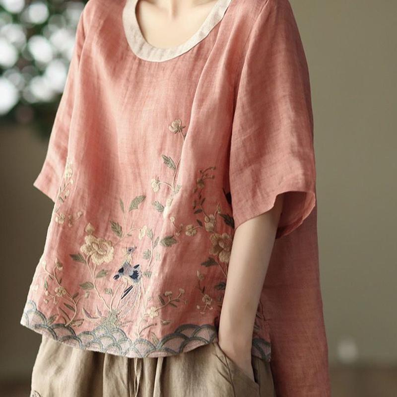 Sommer Damenbekleidung Rundhals Bestickt Patchwork Baumwolle Pullover Kurzarm Tops Damen Bequemes T-Shirt