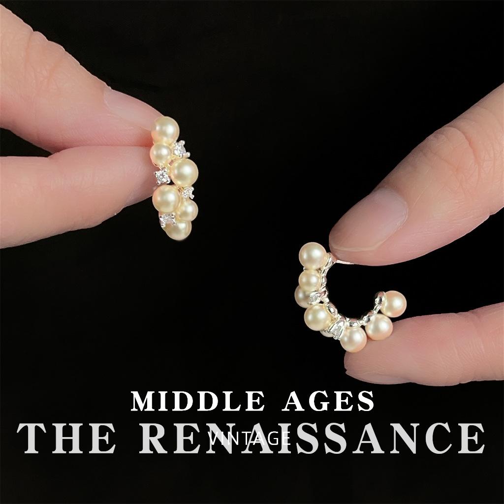 

French retro micro-inlaid zircon pearl earrings elegant temperament C-shaped earrings earrings