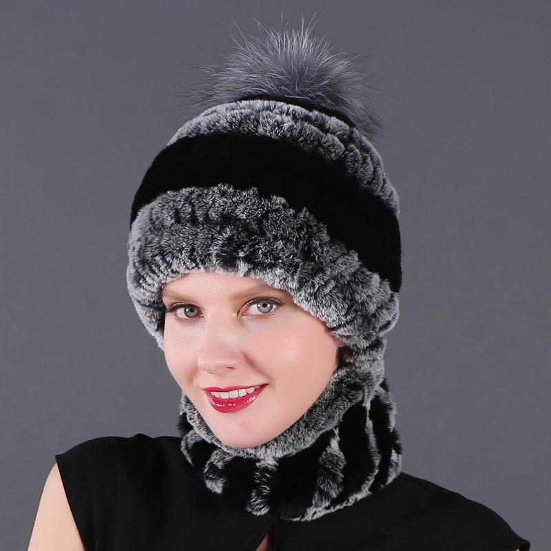 New hat scarf winter thickened thermal hat Rex rabbit fur grass Rex rabbit fur scarf two-piece set