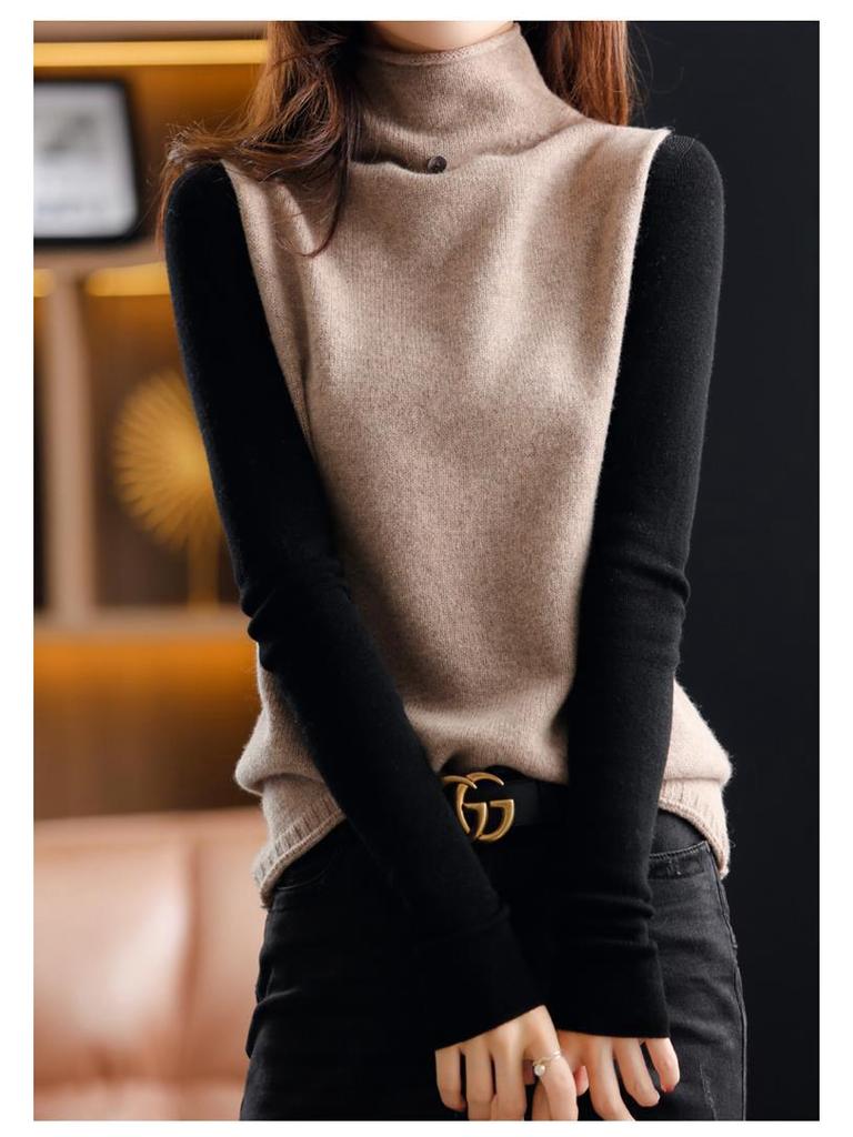 Women's Cashmere Sweater Vest: High Neck, Button-Up, Sleeveless, Loose Fit, Slimming, Wool Knit – Perfect for Autumn and Winter.