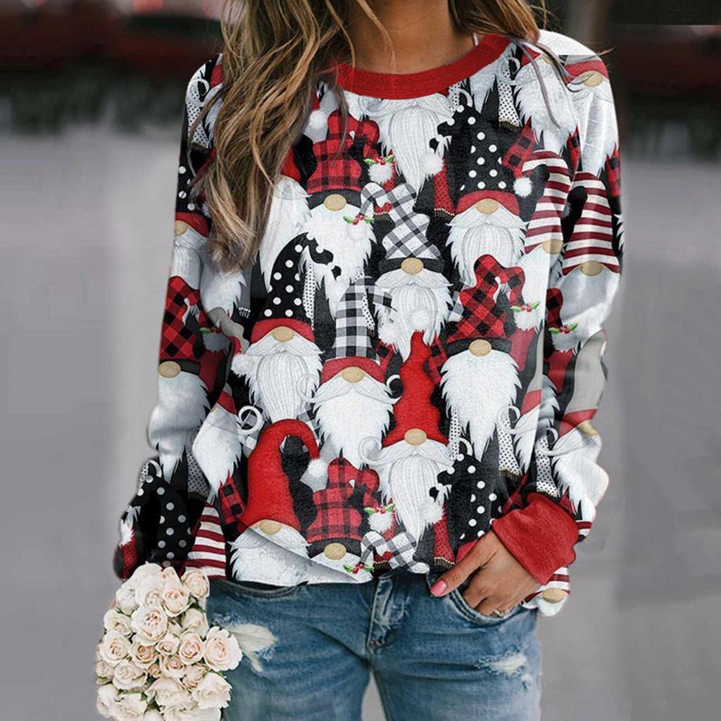 Popular European & American Women's Christmas Snowman Print Loose Long Sleeve Top