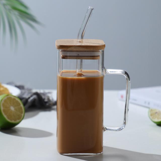 400 ml Fyrkantig Glasmugg Med Lock och Sugrör Frukost Mjölkkopp Mikrovågssäker Transparent Party Öl Kaffe Mugg Dryckesvaror Glas