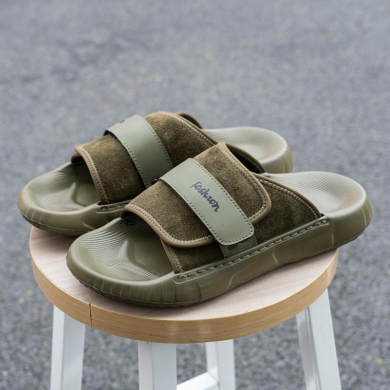 Leather slippers men's summer trend outer wear casual soft bottom one-word drag fashion sports light cool slippers men's