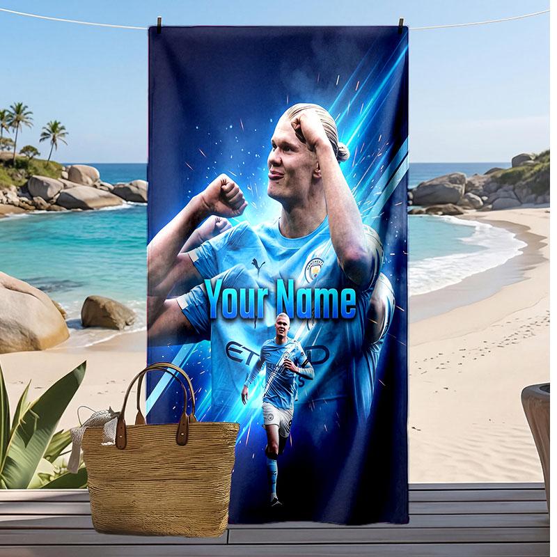 Erling Haaland Personalized Printed Beach Towel Soccer Logo Support Custom Name Text Absorbent Towel For Sport Travel Special Gift