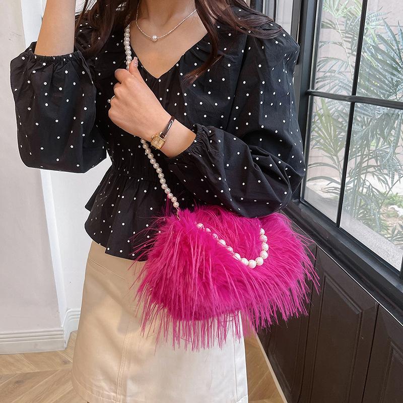1Pc Autumn and Winter Fashion Shoulder Bag Oblique Span Bag Imitation Turkey Feather Women's Bag Portable Pearl Fringed Plush Square Bag