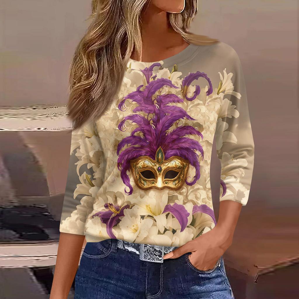 3/4 Length Sleeve Womens Tops Floral Print Vintage Fashion Casual Loose With Round Neck Plus Size Shirts