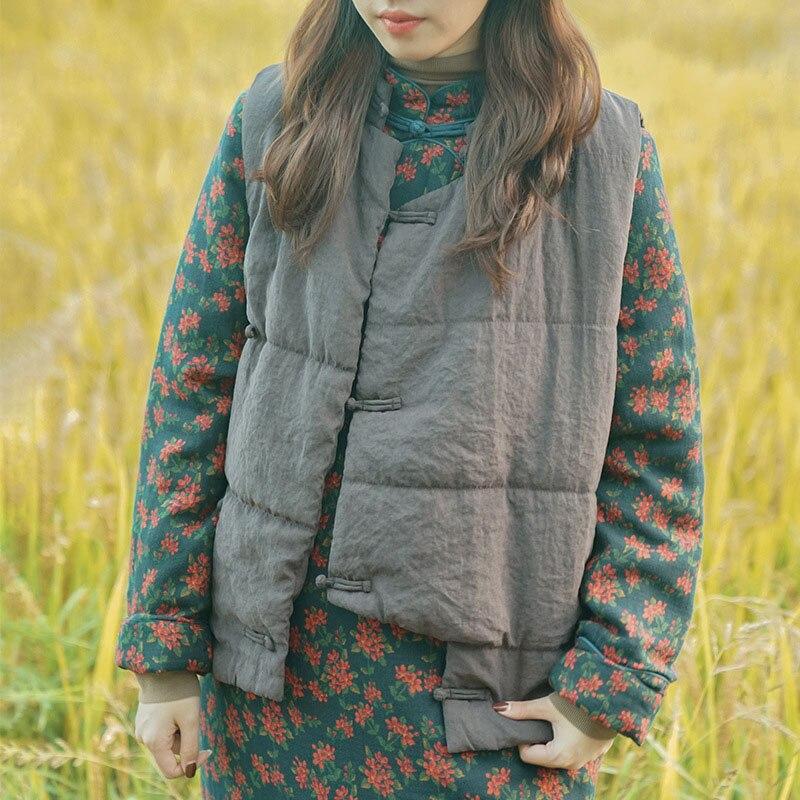 Johnature Women Stand Bead Quilted Vest Retro Polyester Solid Color Loose Padded Coat Winter Sleeveless Button Clothes