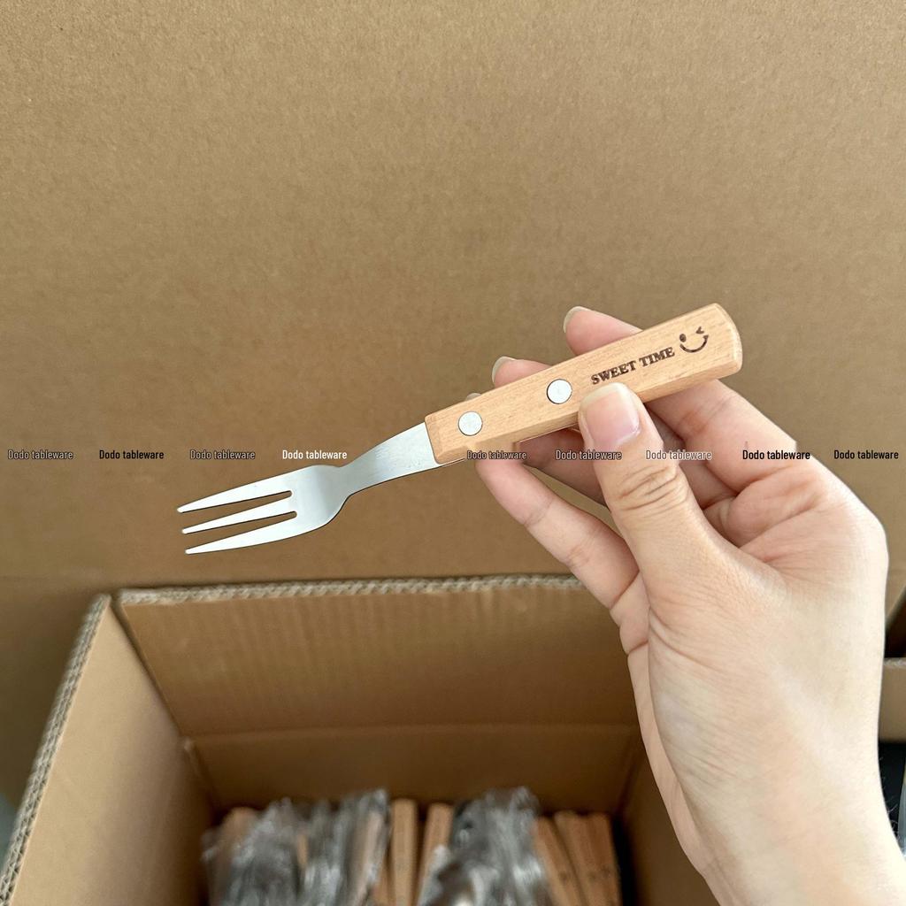 Stainless Steel Cutlery Set with Wood Handles and Smiley Logo - Knife, Fork, Spoon for Desserts and Dining.