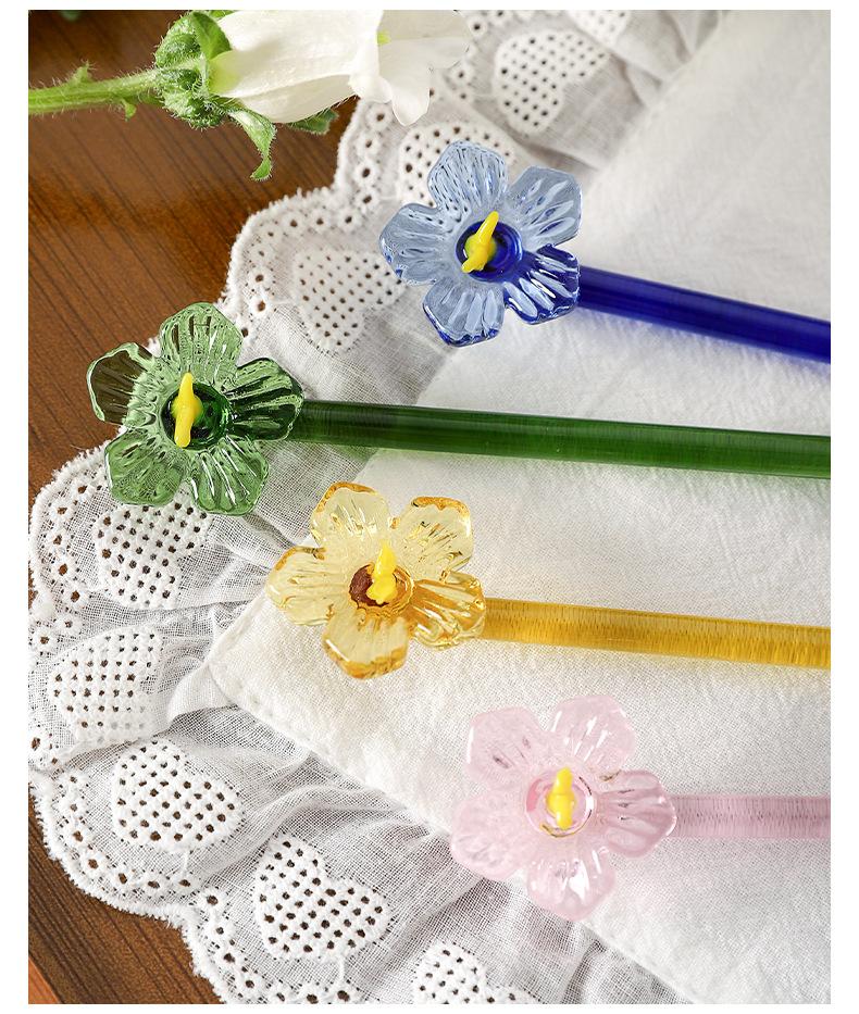 New 3D Flower Glass Spoon,Heat-Resistant Borosilicate Long Handle Stirring Spoon for Coffee & Milk, Colorful Round Glass Spoon