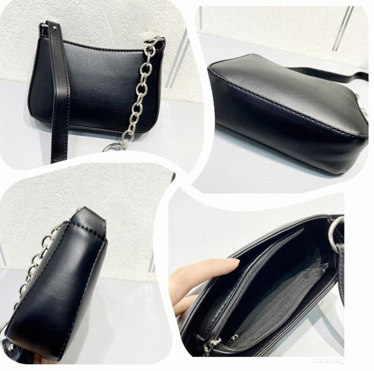 Korean Style Black Patchwork Metal Ring Underarm Baguette PU Shoulder Bag - Vintage Women's Crossbody Handbag