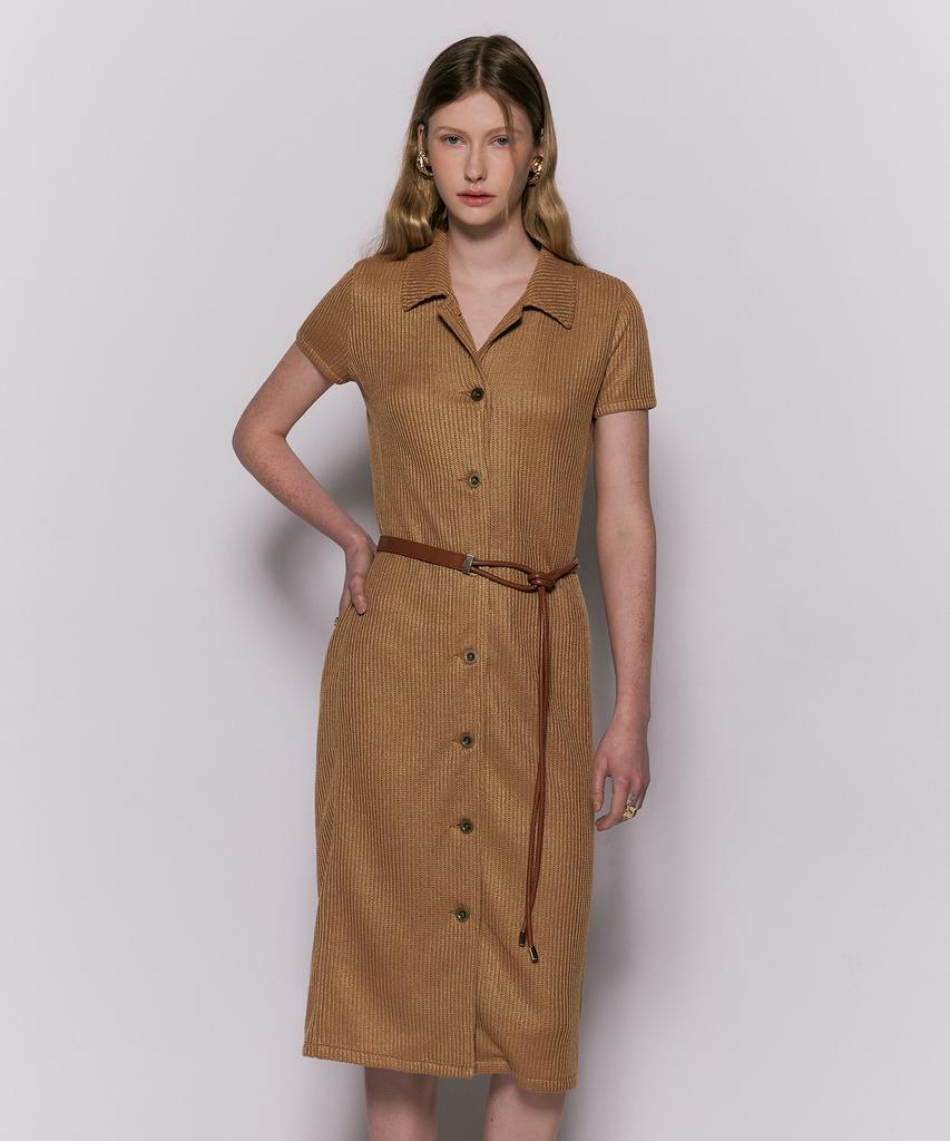 Weseullihyuseuteon Open Collar Cable Knit Long Dress Brown