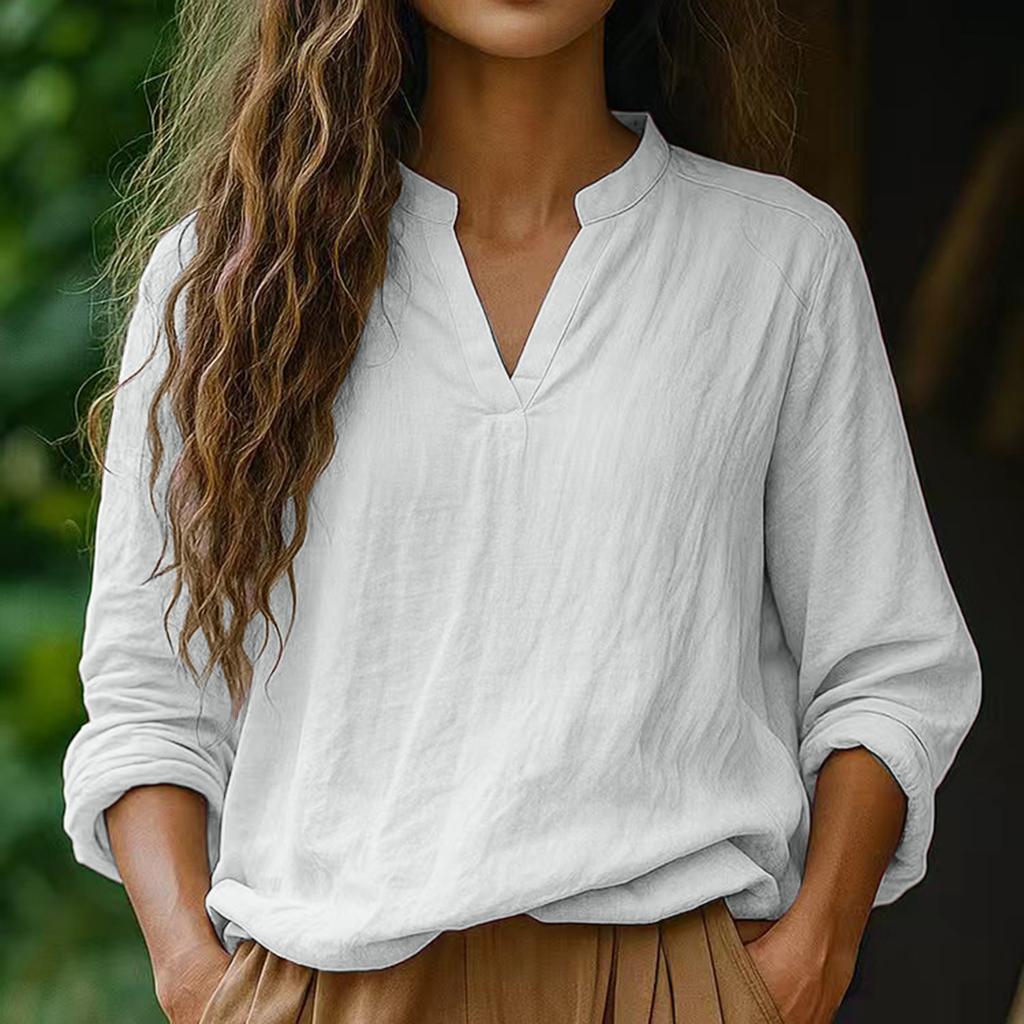Women's Color Casual V-neck Long Sleeved Pullover Cotton And Linen Top