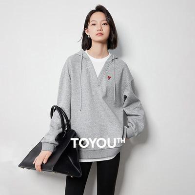 Women's Love Heart Embroidered Faux Layered Hooded Sweatshirt
