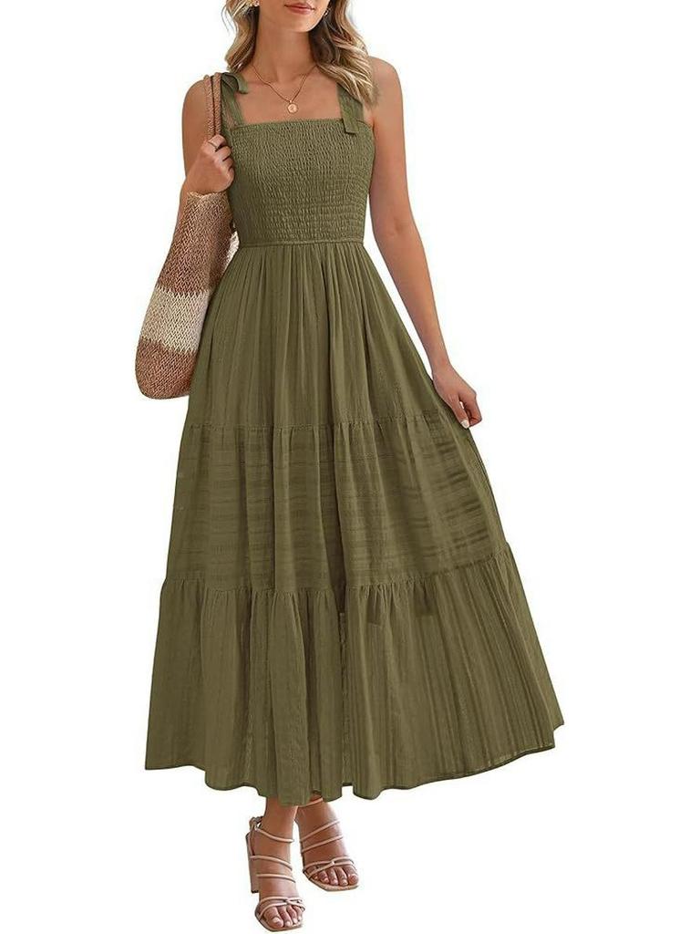 2026 European Summer Beach Pleated A-line Strappy Dress with Pockets
