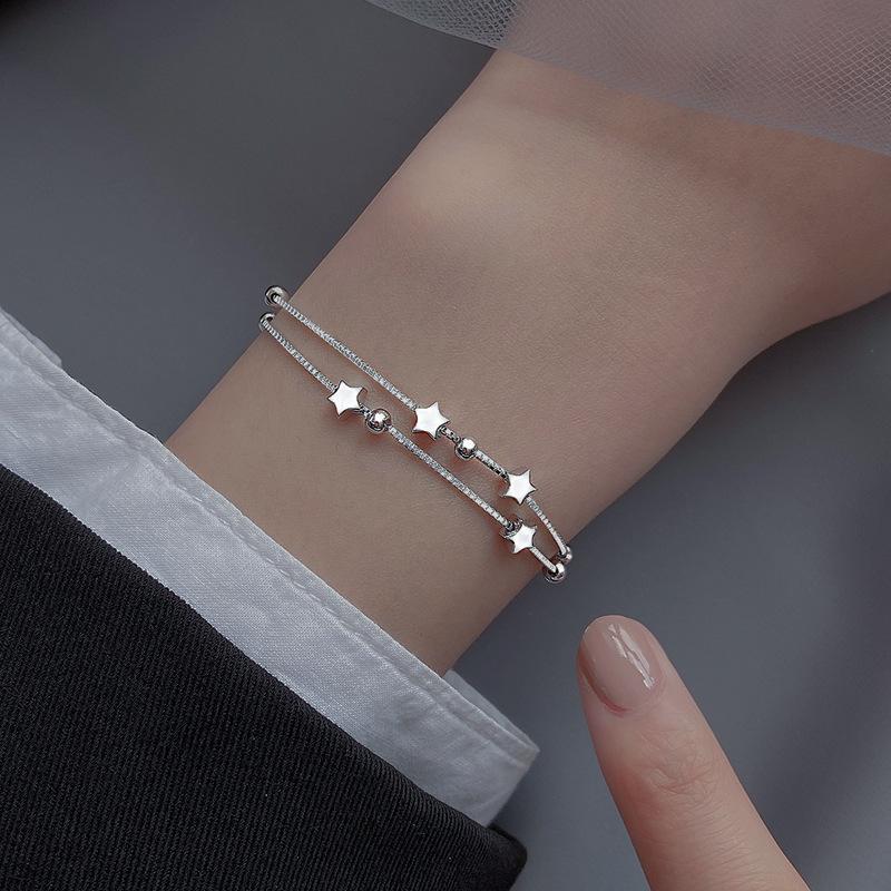 S925 Sterling Silver Double Star Layered Bracelet - Korean Style, Versatile Design, Perfect Gift for Girlfriend