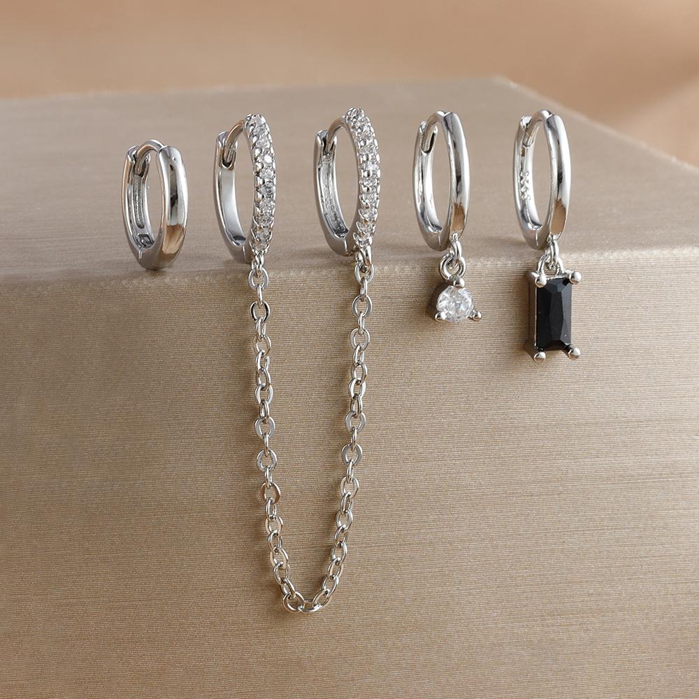 4pcs Fashion Colorful Zirconia Chain Square Earrings Set for Women Two Hole Round Circle Gold Color Hoop Earring Wedding Jewelry