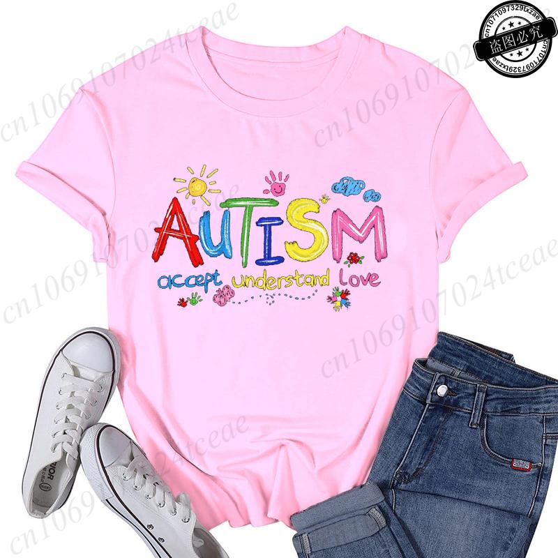 Brushstroke Autism Print Women's Streetwear T-Shirts Female T Shirts Autism Awareness Fashion Graphic Tees Tops Women Clothing