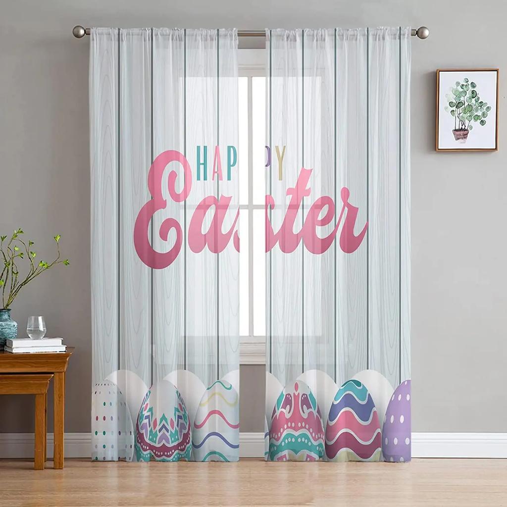 Easter Bunny Tail Wood Curtain Colorful Eggs Happy Transparent Voile Curtains Living Dining Room Bedroom Drapes Light Filtering For Sleeping Area