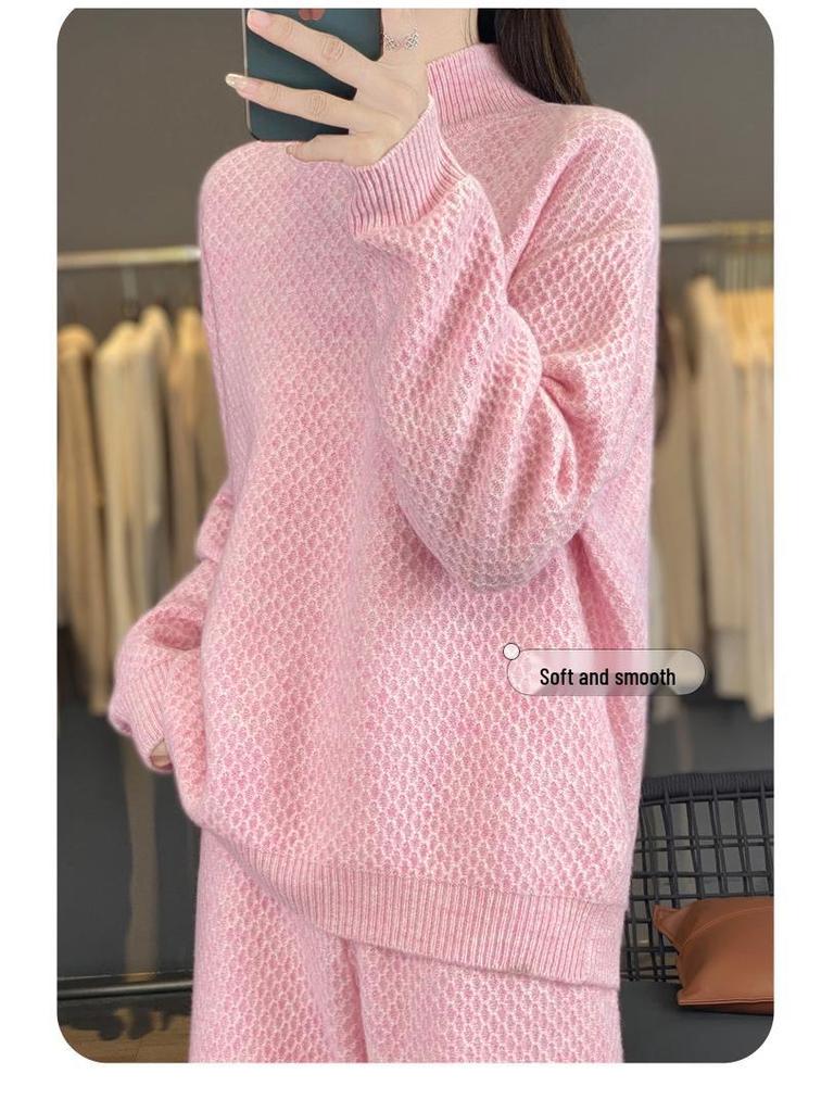 Women's Purple High Neck Wool Sweater & Wide-Leg Pants Set - Autumn/Winter Fashion